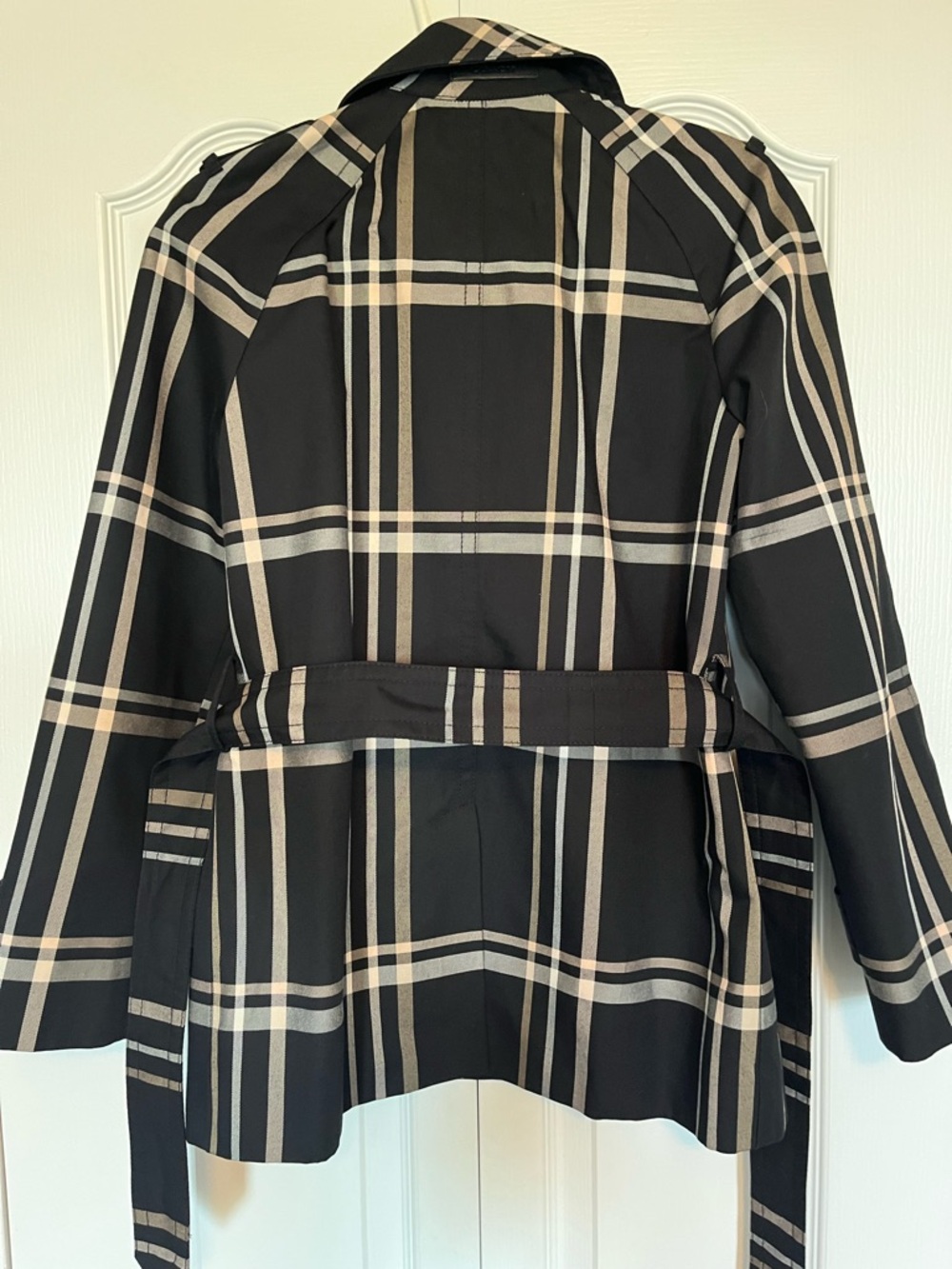 Coach Black Trench Coat with Beige Plaid Accents. Classic polished look for Fall - Picture 3 of 5
